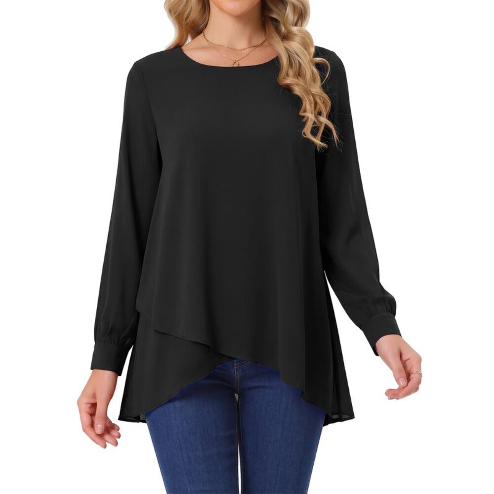 Women's High Low Tops  Asymmetrical Loose Shirt Chiffon Blouse Black